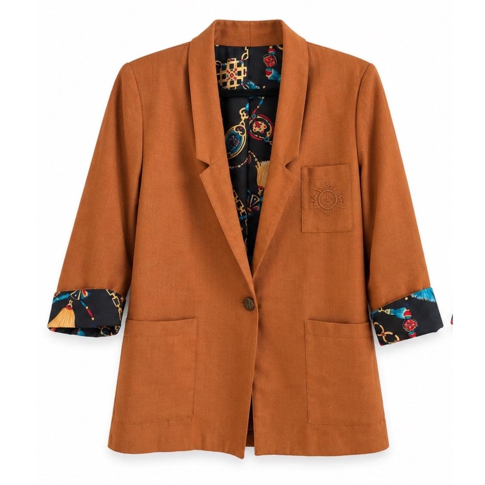 Barrie Stephens Vintage Rust Blazer Scarf Print Lining Equestrian Prep Old Money